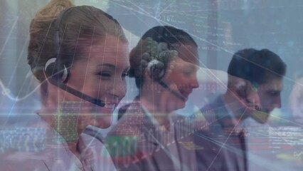 Poster - Animation of caucasian customer service operators using headsets in office, gambling in background