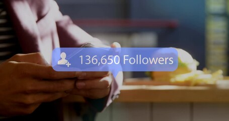 Poster - Animation of social media followers notification over hands of woman using smartphone at cafe