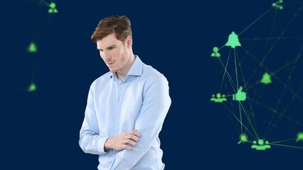 Poster - Animation of networks of connection with icons over caucasian businessman touching screen