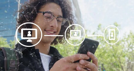 Poster - Animation of digital icons and network of connections over biracial man using smartphone on street