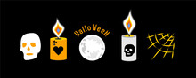 Halloween Set On Black Background. The Candles Are Lit, The Fire Is Realistic, Skulls Are Painted On The Candles. Gray Skull With Yellow Eyes, Cobweb, Moon. Flat Style.


