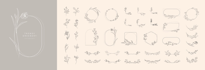 Wall Mural - set of floral design logo elements. wreath borders dividers, frame corners and minimalist flowers br
