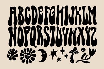 Hippie bohemian groovy postmodern funky font alphabet 1960s boho psychedelic style. Perfect for posters, collages, clothing, music albums and more. Vector clipart illustrations, isolated letters.