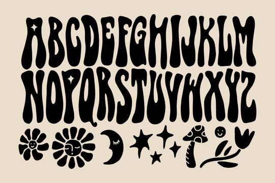 hippie bohemian groovy postmodern funky font alphabet 1960s boho psychedelic style. perfect for post