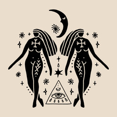 Witch coven Samhain woman silhouette. Eye of Providence, witchcraft sacred moon magic symbolic. Masonic crescent pagan wicca goddess. Vector clipart illustration. Good for tattoos, astrology and