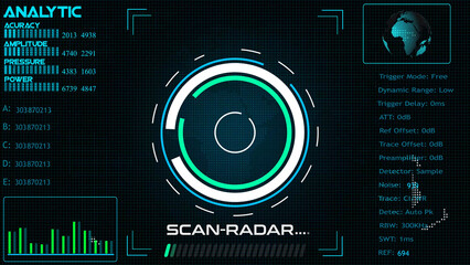 Poster - abstract colorful HUD radar animation on black background. Radar Screen Detected for Battle. Radar HUD With Object On Screen. Futuristic HUD Navigation monitor, Sonar Detect Battle Ship	