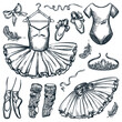 Ballet dance design elements. Vector hand drawn sketch illustration of ballerina dress, pointe shoes, bodysuit, headband