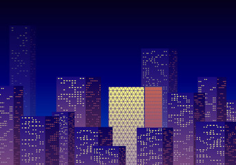 Wall Mural - Neon night in the business city with skyscrapers. Purple highrise cityscape background in 80s style with neon lights in the windows.