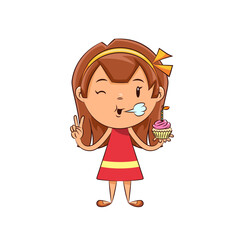 Wall Mural - Girl blowing out candle on cupcake, vector illustration