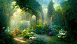 Leinwanddruck Bild - A beautiful secret fairytale garden with flower arches and colorful greenery. Digital Painting Background, Illustration