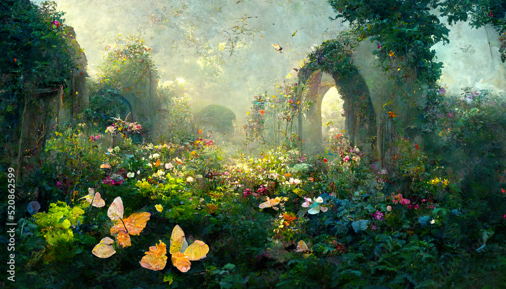 A beautiful secret fairytale garden with flower arches and colorful greenery. Digital Painting Background, Illustration