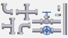 Collection Of Metal Pipes. Steel Pipelines, Plastic Tubes, Valves And Flanges, Water Drains. Connection System Concept. Vector Illustration.