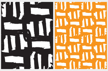 Simple Hand Drawn Vector Patterns. Black and Orange Brush Stripes on a White Background. Modern Irregular Geometric Seamless Pattern. Cool Repeatable Abstract Doodle Print.