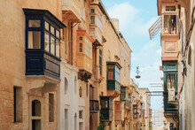 Historical Old Colorful Balconies In Valletta, Malta