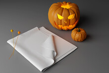 Mockup Textile And Many Pupkins On Dark Table, Fall Mockup For Your Design. Halloween Concept 3d Render