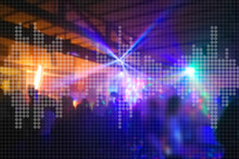 Blurry Scene From A Music Club With Lighting Effects With Overlay Dotted Audio Equalizer Halftone Effect Pattern To Promote Events
