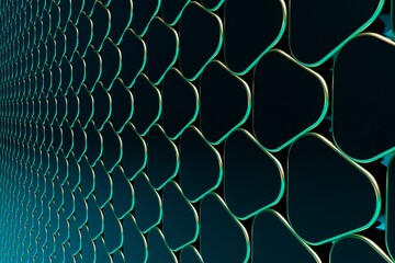 Poster - abstract background. grid of triangles. perspective from patterns of black triangles with rounded edges illuminated with green and yellow neon light. 3d illustration. 3d render
