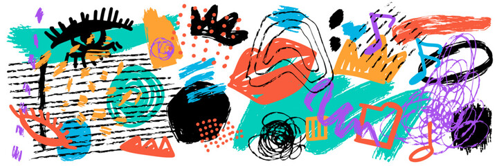 Poster - Grunge abstract artistic element set with scrawls, paint strokes and drawn objects. Colorful grunge shapes collection. Contemporary hand drawn clip art.