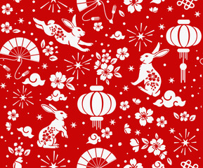 Seamless pattern with Asian elements on color background for happy Chinese new year of the Rabbit 2023, flyers, poster and banner