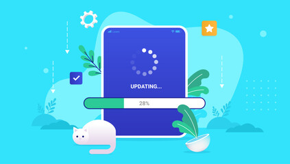 Poster - Load bar and loading wheel on tablet device while waiting for system and software update. Vector illustration
