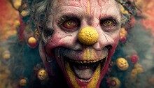 Closeup Of A Scary Evil Clown. An Evil Clown Character With Yellow Teeth, Crazy Smile, Yellow Nose. 3D Artwork