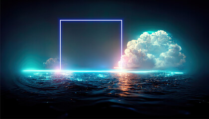 Aufkleber - geometric neon light portal, in the form of neon square over the sea, against the background of a be
