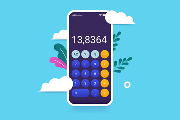 Calculator app on phone screen - Smartphone with application for calculating numbers and math. Vector illustration
