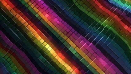 Poster - Animated neon rainbow background. Randomly moving cubes, stripes, rectangles. 3d music wave, track. Sound membrane. Mechanical pistons. Screensaver for games, presentations, business, intro. 4k