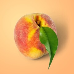 Sticker - Tasty fresh peach fruit with leaf on the desk