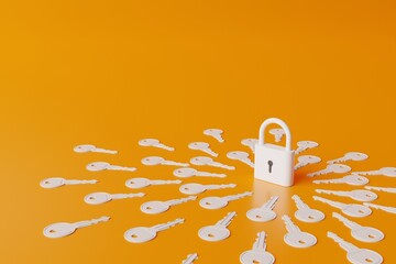 Poster - padlock and various keys. the concept of matching keys to a padlock. 3d rendering, 3d illustration.