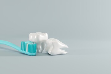 Wall Mural - Toothbrush and tooth. Concept of caring for the teeth, checkup at the dentist. 3d render, illustration.