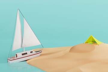 Poster - Sailboat moored to a deserted island with a tent. Sports concept, vacation. A break from people and crowds. 3d render, 3d illustration.