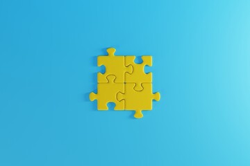 Sticker - Yellow puzzle pieces stacked up on a blue background. Business concept, method development, creativity. 3d render, 3d illustration.