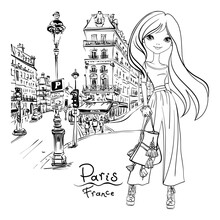 Vector Cute Brunette Girl On A Paris Street In Paris, France. Black And White Illustration For Coloring Book.