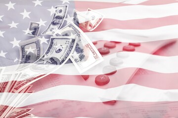 Canvas Print - Investments in the United States. Economy and finance. Investments in American assets. American flag and stock charts. American dollars. Money, quotes, capital.