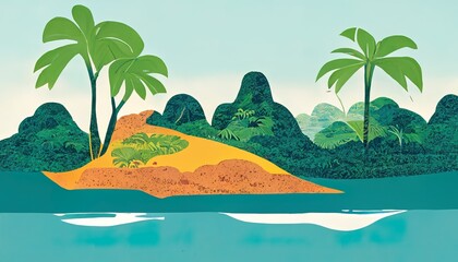 Tropical island paradise palm tree travel and adventure holiday background illustration