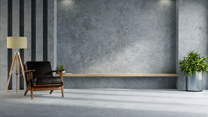 Living room interior with dark leather armchair in loft style house on concrete wall background.