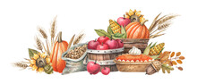 Harvest, Thanksgiving Day Watercolor Illustration Isolated On White Background. Ripe Vegetables And Fruits, Pumpkins, Pumpkin Pie, Sunflower Flowers Autumn Illustration In Vintage Style.