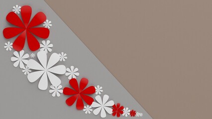 Fototapete - Light brown-white background with red-white paper flowers. Concept image of happy Invitation and reception sign. 3D high quality rendering. 3D illustration. High resolution.