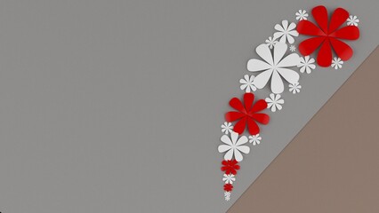 Fototapete - Light brown-white background with red-white paper flowers. Concept image of happy Invitation and reception sign. 3D high quality rendering. 3D illustration. High resolution.