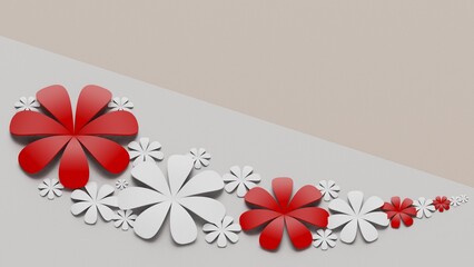 Fototapete - Light brown-white background with red-white paper flowers. Concept image of happy Invitation and reception sign. 3D high quality rendering. 3D illustration. High resolution.