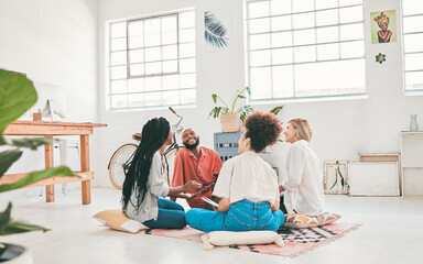 Poster - Happy, relaxed and talking business group laughing and bonding while working together in a modern office. Diverse designers brainstorming, sharing creative ideas or a team project strategy