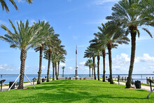 Park With Palm Trees Along Sanford Riverwalk Near Downtown Sanford, Florida. 