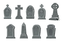 Cemetery Graves And Gravestones Vector Set Of Isolated Cartoon Graveyard Tombstones And Cemetery Headstones. Grave Crosses And Tomb Stone Monuments With RIP Or Rest In Peace Memorial Signs And Skulls