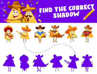 Poster - Funny mexican nachos chips characters. Find a correct shadow silhouette game. Kids match riddle with tex mex snack mariachi and cowboy personages. Cartoon worksheet puzzle test for children education