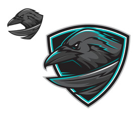 Wall Mural - Cartoon raven mascot for sport team club, vector symbol. Basketball or baseball and football soccer or hockey varsity league players mascot badge of angry raven bird in shield chevron