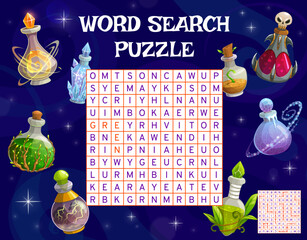 Aufkleber - Magic potion bottles of Halloween. Word search puzzle game worksheet. Quiz grid, vocabulary riddle and children logical test, vector text playing activity with fantasy flasks and bottles with potions