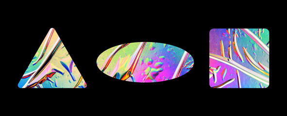 Poster - Collection of blank glued rainbow gradient sticker shapes for design mockups. Holographic plastic texture matted stickers for tags, labels, quality, design element, etc.