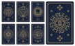 Tarot cards. Astrology card occult mason symbols, tarot arcana cards with esoteric alchemy vector signs, All-Seeing Eye of God, egyptian ankh and horus eye, pentagram, human skull, sun and moon