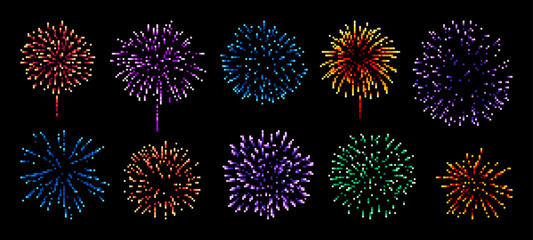 Poster - Pixel art firework explosion. 8bit game asset. Party firework explosion 8 bit arcade pixel asset, New Year holiday celebration, carnival firework cubic pixel burst retro game isolated vector asset